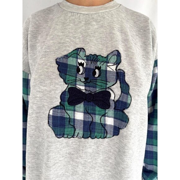 90s vintage plaid flannel cute kitten cat long sleeved pajama fleece sleep dress - Picture 8 of 10